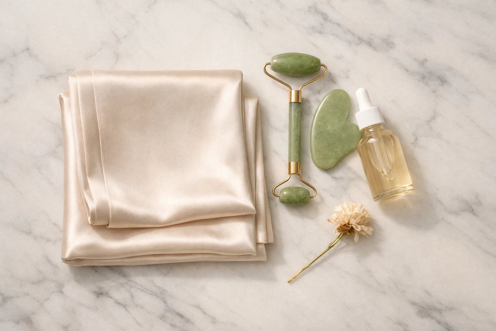 SŌIE silk pillowcase flat lay with skincare essentials