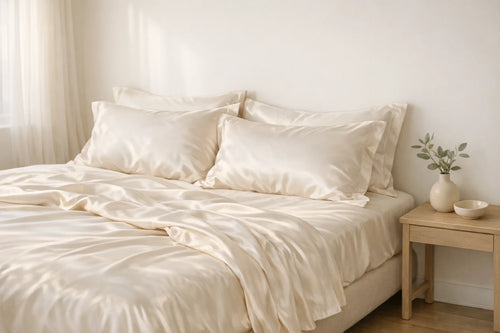 SŌIE silk sheet set on a beautifully made bed