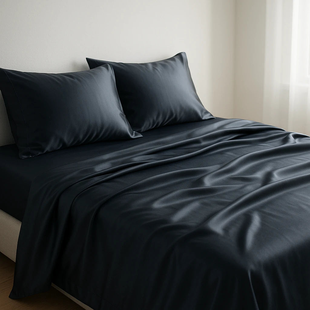 SŌIE silk sheet set in charcoal blue