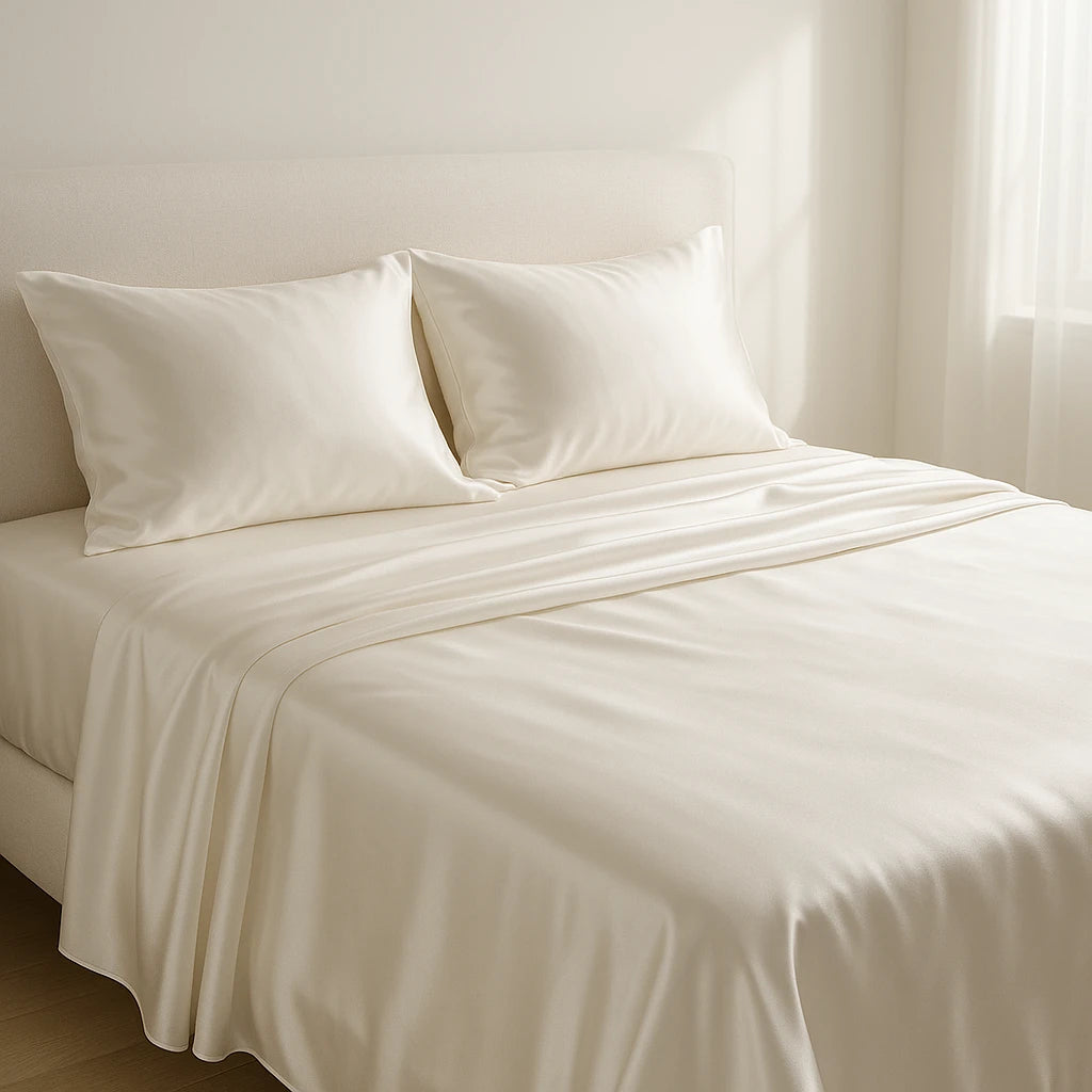 SŌIE silk sheet set in moon white