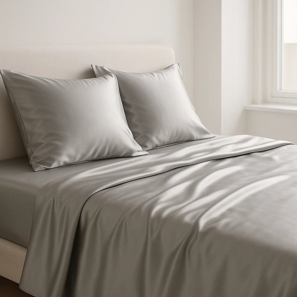 SŌIE silk sheet set in silver grey