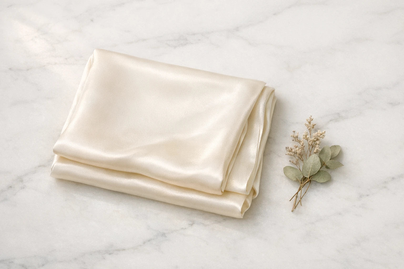 SŌIE silk pillowcase flat lay on marble